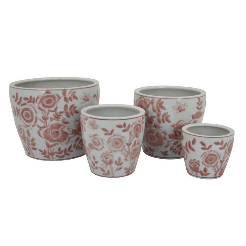Ensemble de 4 pots à fleurs Kerry, motif floral rose, céramique blanche