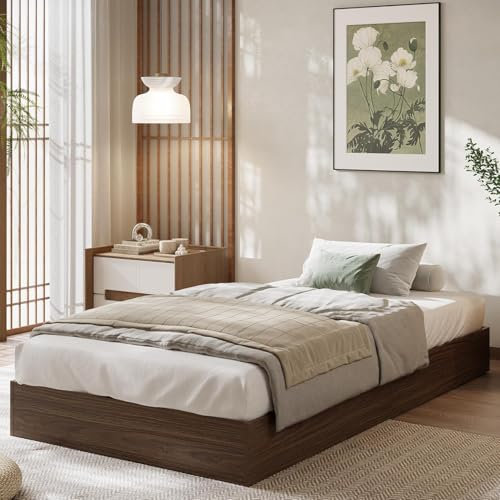Lit plateforme en bois massif avec lattes de bois robustes, base de lit autoportante, Lit simple, Noyer