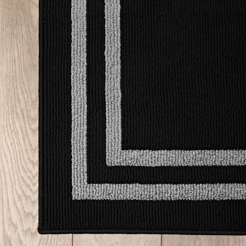 Double Border Machine Tufted Performance Black/Twisted Grey  Rug, Rectangle 2'6" x 10'
