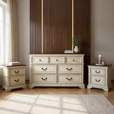 Ensemble de chambre à coucher en bois 3 pièces avec commode et 2 lits Norcross, Ant Blanc