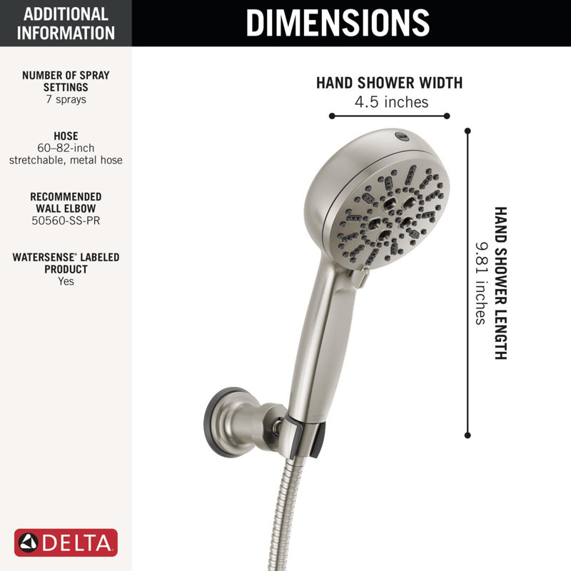 ProClean 7-Spray Wall-Mount Handheld Shower Head, High Pressure Spray Hand Shower with Hose, Lumicoat Stainless