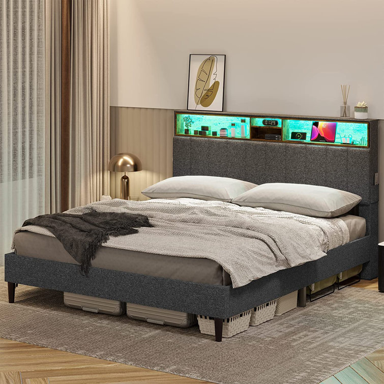 Queen Led Bed Frame With Outlet And Usb Ports, Queen Bed Frame With Storage Headboard, Modern Platform Bed With Storage & Led Lights, No Box Spring Needed, Easy Assembly, Dark Grey
