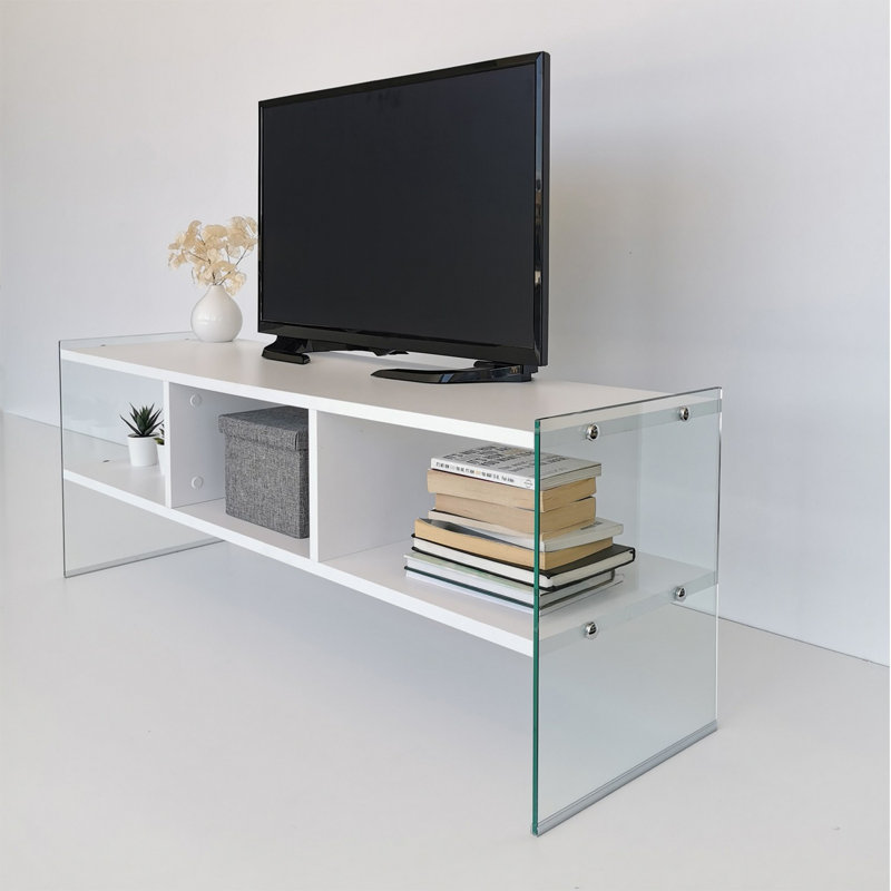 Modern White TV Stand with Tempered Glass Frame, 47.2 x 17.7 x 13.8 Inches | 100% Melamine Coated Particle Board, Thickness: 0.3 Inches | Wall-Mountable, Numerous Shelves, Max Weight Capacity: 44 lbs | Stylish & Functional Design