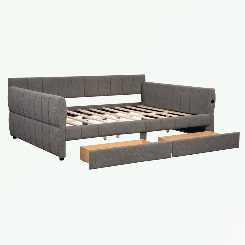 Queen Size Upholstered Platform Bed with USB and 2 Drawers, Gray