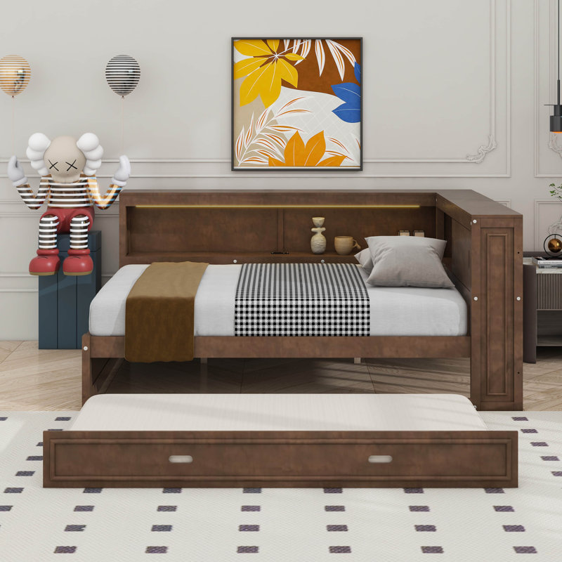 Full Size Wood Daybed With Shelves, LED And Trundle, Antique Wood Color