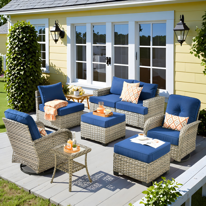 Carolle 9-Piece Outdoor Patio Furniture with fire pit,All-Weather 7-Person Pe Wicker Outdoor Conversation Set, Patio Couch Swivel Rocker Chairs With Solar Powered Coffee Tables For Backyard,Poolside,Deck