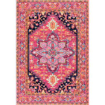 Aliece Bohemian Medallion Power Loom Performance Pink/Orange Rug