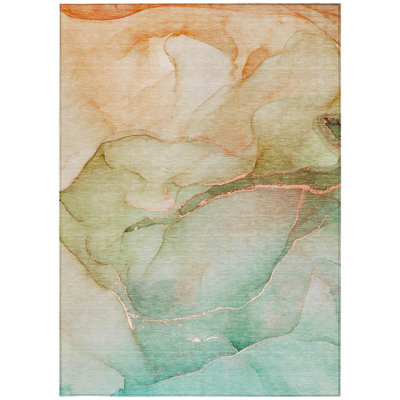 9' X 12' Teal Abstract Washable Non Skid Indoor Outdoor Area Rug
