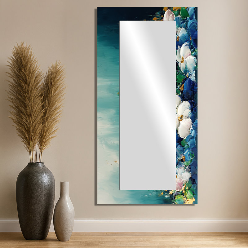 Fleurs vertes dans un néo-expressionnisme II - art mural moderne miroir - imprimé sur métal, 28 po x 55 po