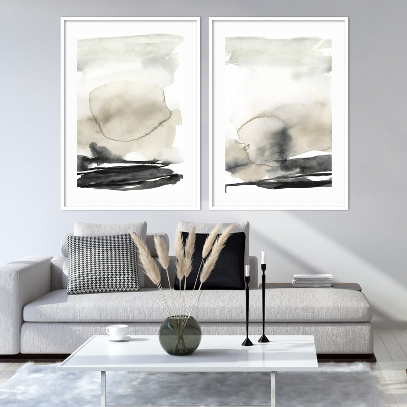 «Ebony Horizon Triptych - ensemble de 2» par Jennifer Goldberger, impressions murales encadrées, H 26 po x l 41 po, Blanc