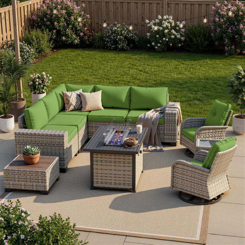 10-Piece Outdoor Patio Sectional Conversation Set With Fire Pit Table And Swivel Rocker Chairs, Lime Green
