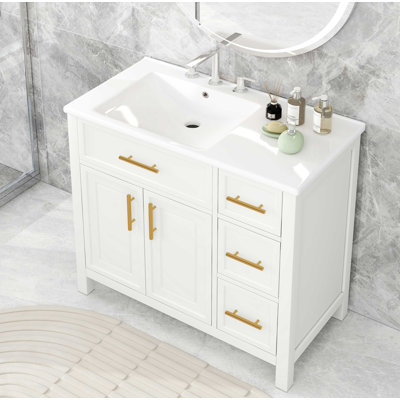 Meuble-lavabo 36 po avec comptoir d'évier, deux portes et trois tiroirs, bois massif, panneaux de fibres à densité moyenne,
