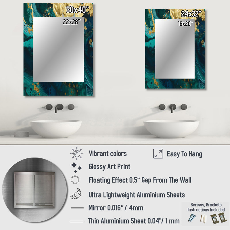 Teal and Gold Liquid Magic I - Abstract Decorative Wall Mirror, Teal Large Mirror, Printed Metal Art, 40" x 30"