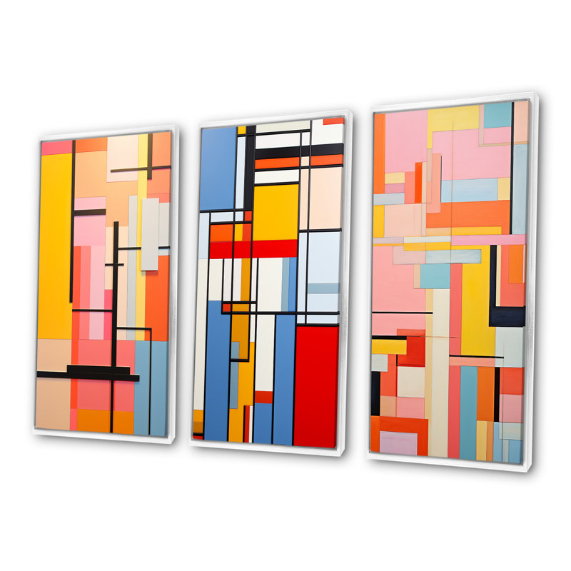 De Stijl, ensemble de 3 reproductions d'art sur toile pastel, Cadre flottant blanc, H 40 po x l 60 po