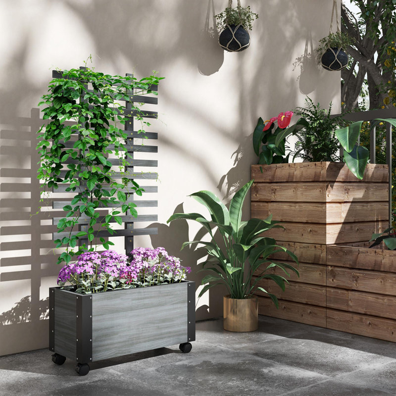 Jardinière d'extérieur en bois avec roues, Gris