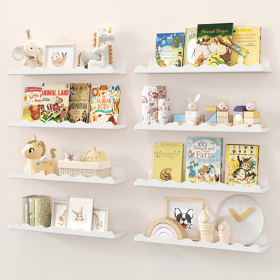Plastic Kids Bookshelf 8 Pack, 15" Floating Shelves For Wall Mounted, Clouds Nursery Book Toy Hanging Racks For Baby/toddler/children In Bedroom, Living Room Decor