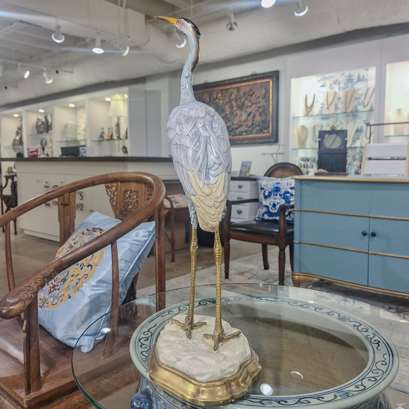 Luxury Porcelain Heron Sculpture with Bronze Rim Base