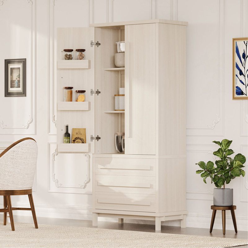 Armoire de cuisine 70 "avec 2 tablettes, armoire de luxe en bois avec 6 tablettes de porte et 3 tiroirs pour la cuisine, la salle à manger