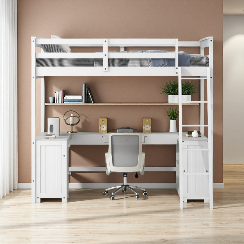 Lit mezzanine avec bureau en U, tiroirs et tablettes de rangement, Lit simple, Blanc
