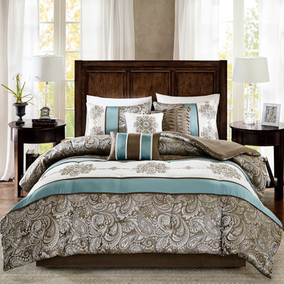 7 Piece Comforter In Blue For King With Paisley Charisma And Inviting Brown Trim