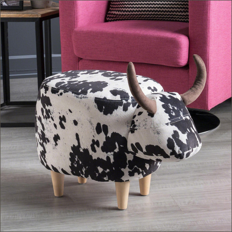 Ottoman, Cow-Shaped Black/White or Tan Brown Print with Velvet Horns &amp; Birch Legs – Living Room, Bedroom | Tan Brown Option | Solid Birch Wood Legs