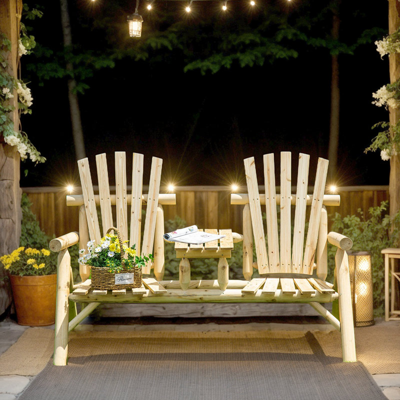 2-Seat Wooden Adirondack Loveseat With Table - Stylish Patio Bench For Deck And Outdoor Gatherings, Beige
