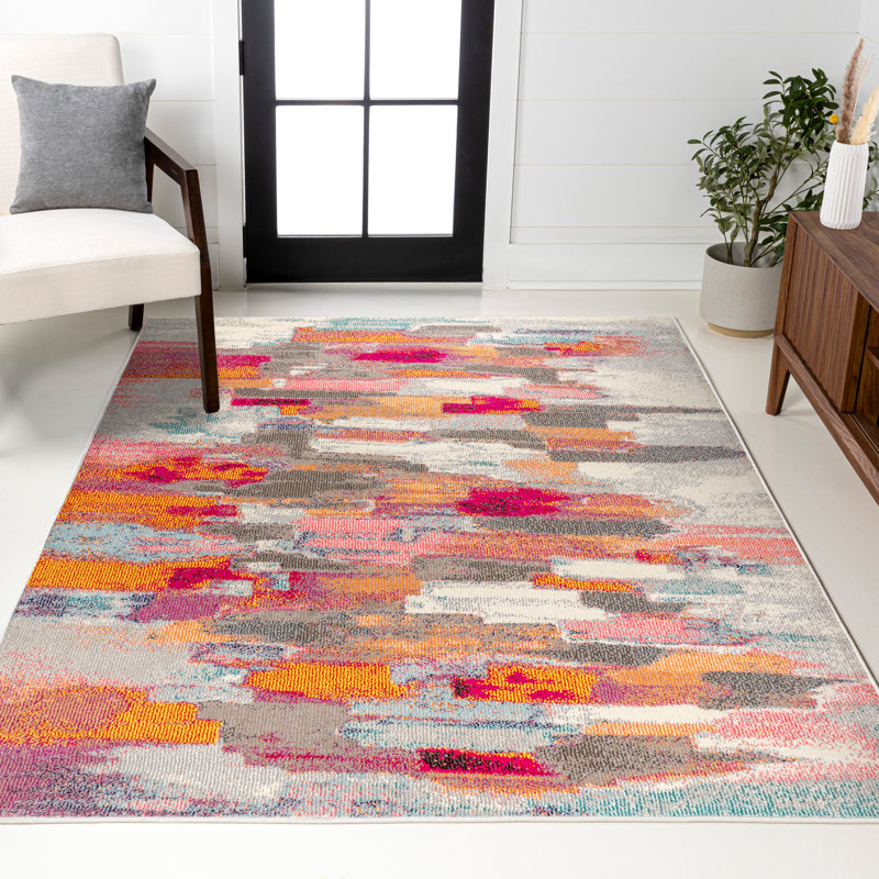Lasley Contemporary POP Modern Abstract Brushstroke Ivory/Pink Rug, Rectangle 4' x 6'