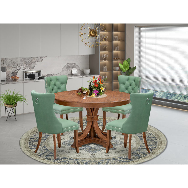 Ensemble de table de cuisine 5 pièces comprenant une table de cuisine et 4 chaises parsons en tissu de polyester vert saule avec dossier capitonné, noyer antique