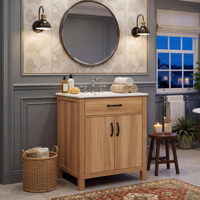 24/30-Inch Modern Wood Bathroom Vanity With Sink, Solid Wood Base Cabinet With Flip Drawer, 2 Doors & Multi-Zone Storage