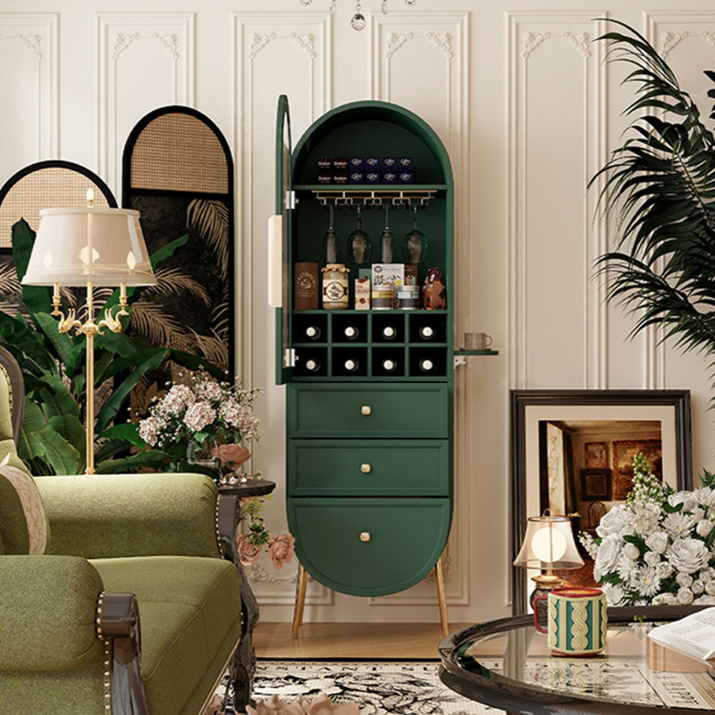 Retro Style Rubber Wood Bar Cabinet with Glass & Metal Accents