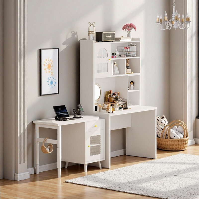 Bureau à domicile avec armoires de rangement rotatives à 90 ° et tiroir en bois d'ingénierie et en verre