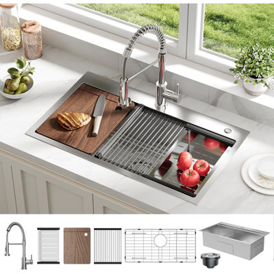 Évier de cuisine encastré en acier inoxydable 30 po x 18 po x 9 po avec robinet à ressort rétractable, évier à station de travail à simple cuve pour la cuisine domestique, argent