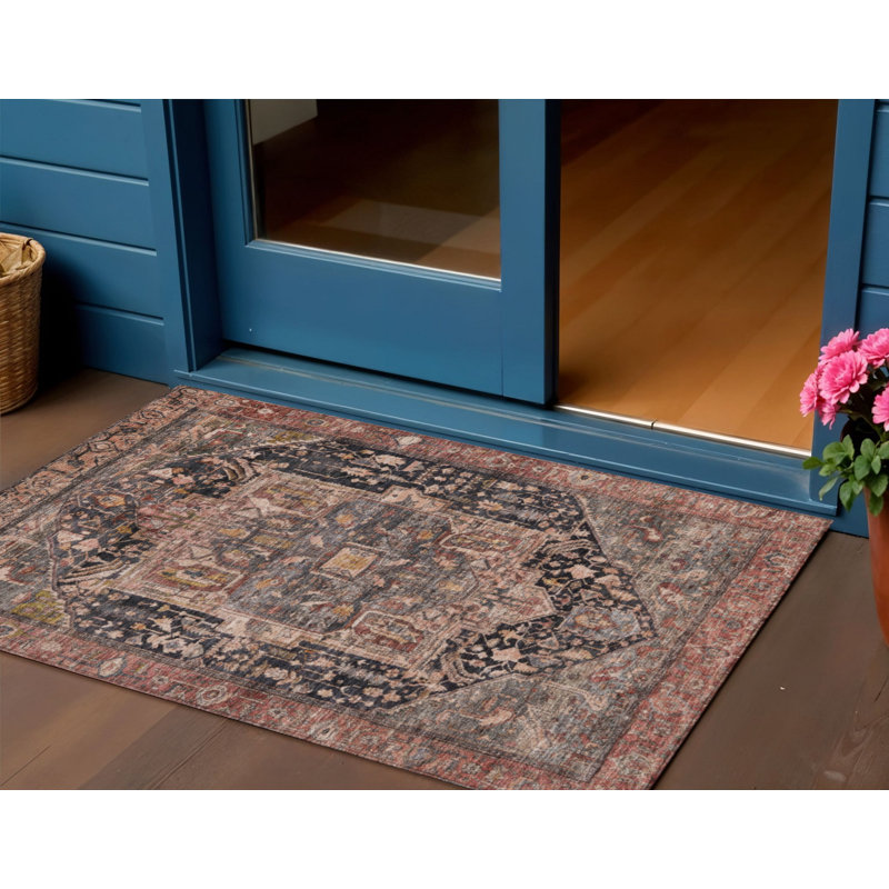 3' X 5' Charcoal Medallion Washable Indoor Outdoor Area Rug