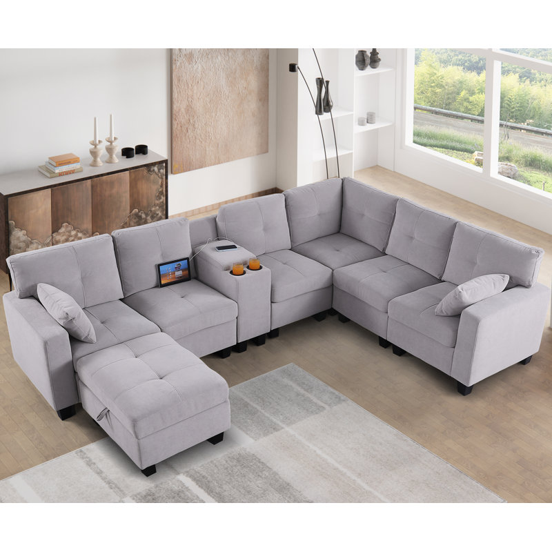 Chesham 8- Piece Upholstered Sectional Sofa With USB Ports & Storage Ottoman, Light Gray Polyester Blend
