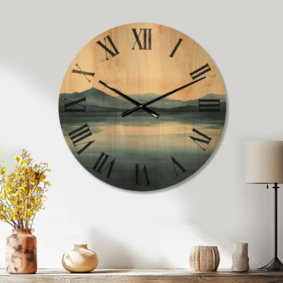 Très grande horloge murale en bois à imprimé paysage - Horizon lac neutre