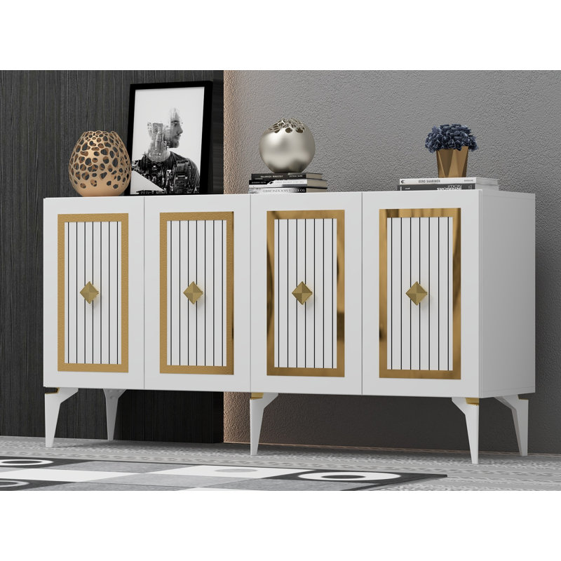 Console moderne, blanc et or, panneau de particules recouvert de mélamine à 100%, épaisseur: 0,7 pouce | Design glamour à rayures, parfait pour les vestibules et les salons, élégant et fonctionnel