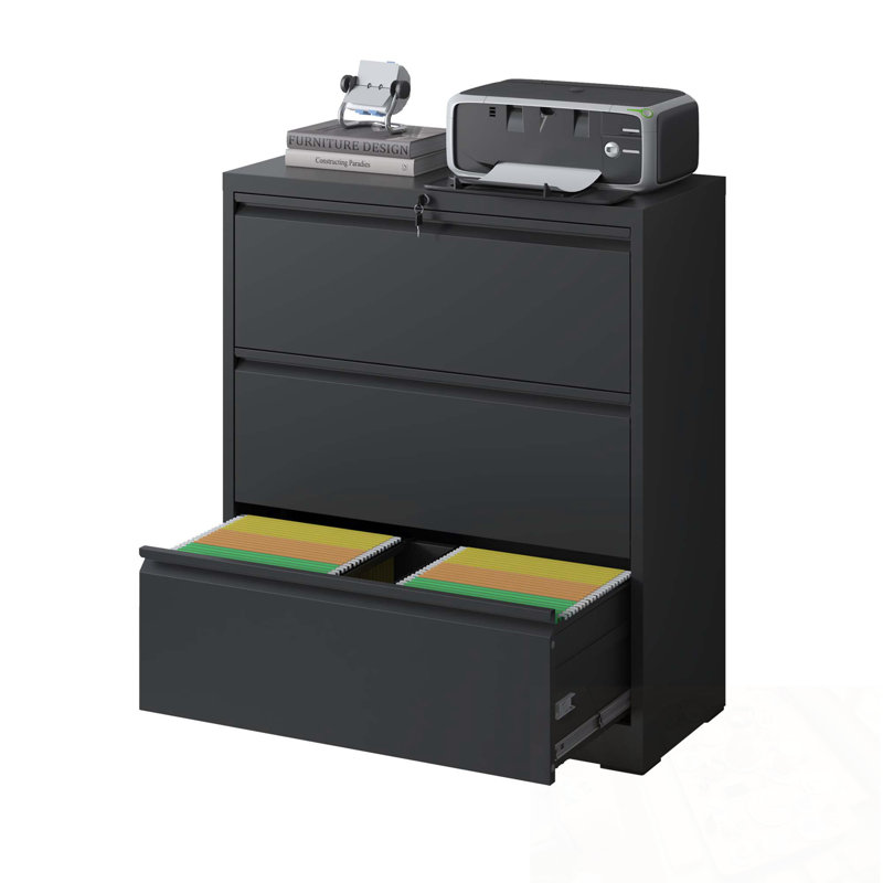 Wide Metal File Cabinet With 3 Drawers And Lock, Black