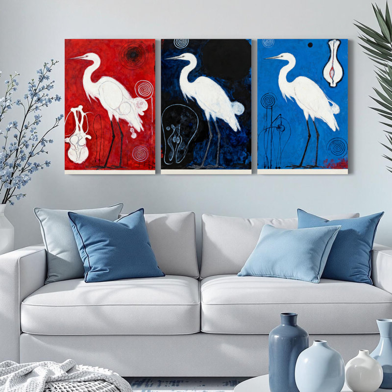 Ensemble de 3 tableaux abstraits sur toile tendue représentant un héron blanc, H 36 po x l 72 po