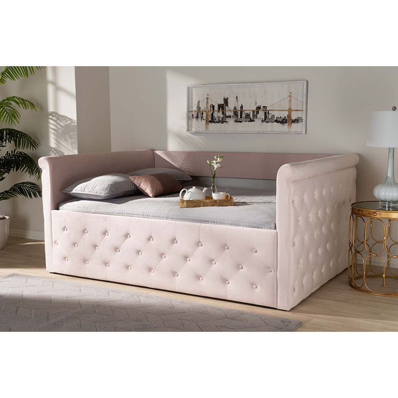 Ervinas Upholstered Daybed, Full, Light Pink Velvet