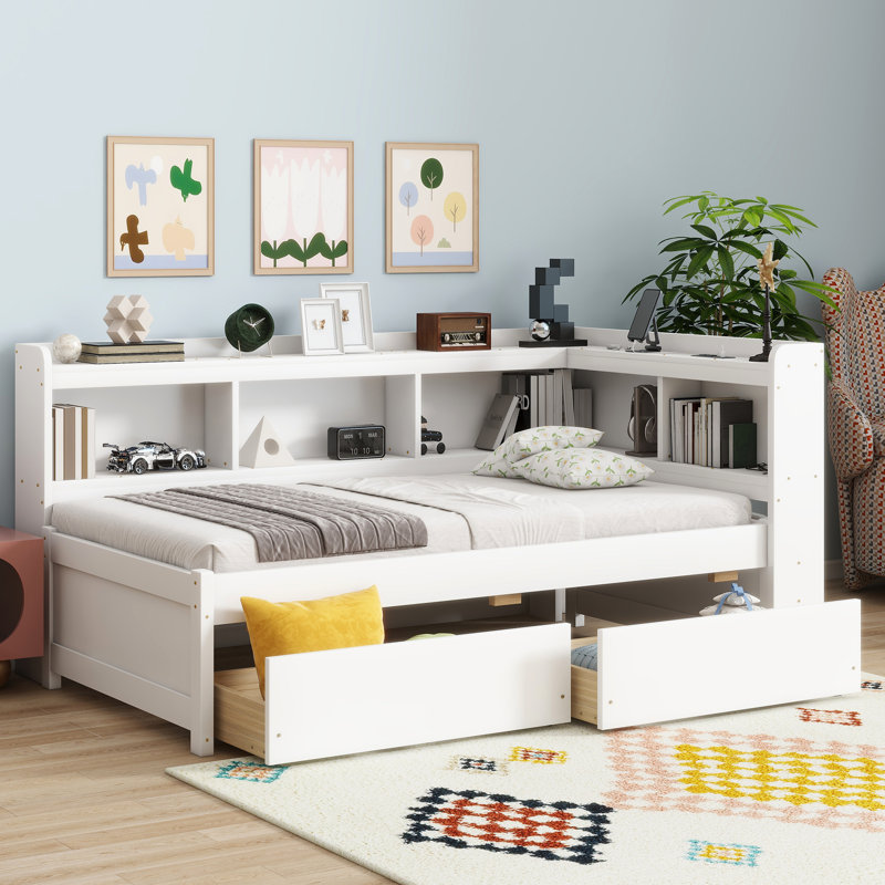 Lit simple avec bibliothèques en forme de L, ports de chargement et deux tiroirs en pin blanc pour la chambre à coucher, prises de courant encastrées Space Solution, rangement facile à assembler, design