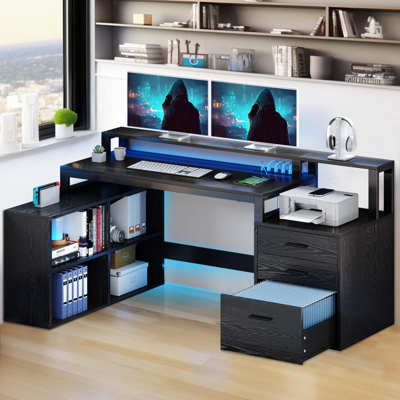Black Engineered Wood L-Shaped Corner Desk with Power Outlets and USB Ports