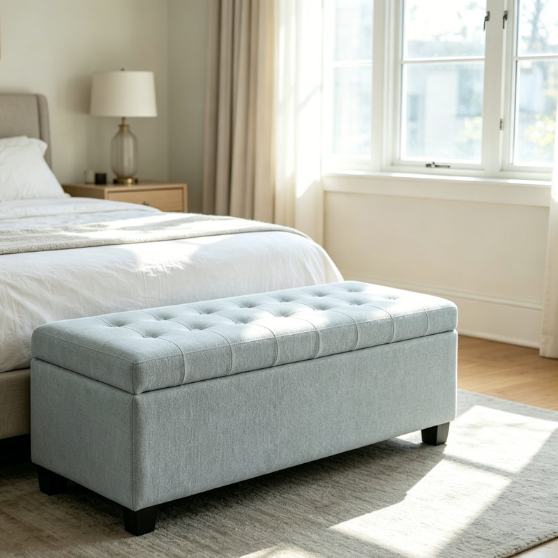 Willow 49.75" Modern Upholstered Storage Ottoman Bench with Wooden Legs & Tufted Design, Baby Blue, Polyester