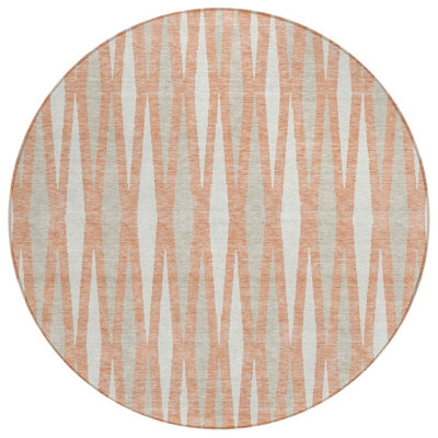 8' Salmon Gray And Ivory Round Geometric Washable Indoor Outdoor Area Rug