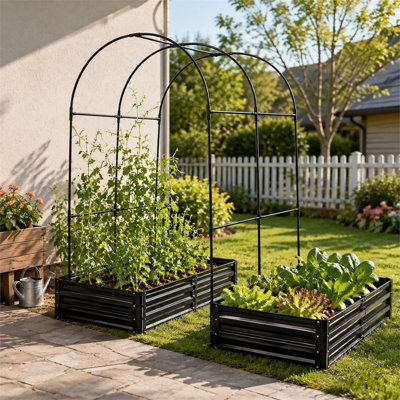Deux plates-bandes de jardin en métal surélevées pour l'extérieur avec support arqué, convenant à la culture de diverses plantes grimpantes telles que des fleurs et des légumes