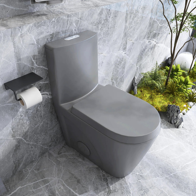 Kiddie Furniture 1.1/1.6 GPF Dual-Flush Water-Saving Elongated Comfort Height One-Piece Toilet (Seat Included), Light Gray