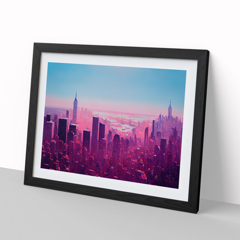 XH1022-6669X Painted New York Skyline - Single Picture Frame Painting, Black Framed, 46cm H x 64cm W x 2cm D
