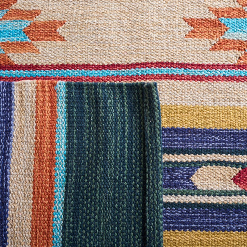 Continuum Flatweave Jute/Cotton Southwestern Rug in Beige/Blue/Green, Rectangle 4' x 6'
