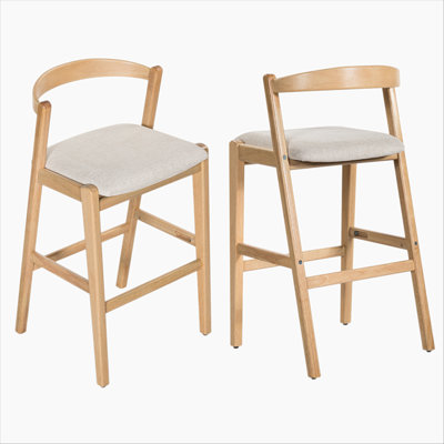 Tabouret de bar d'intérieur en bois d'hévéa, finition naturelle et revêtement beige, ensemble de 2