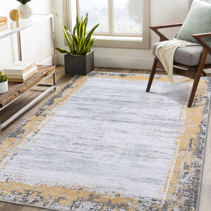 Tapis d'intérieur moderne à bordure délavée à bordure usée jaune lavable à la machine, Rectangle 9 pi x 12 pi