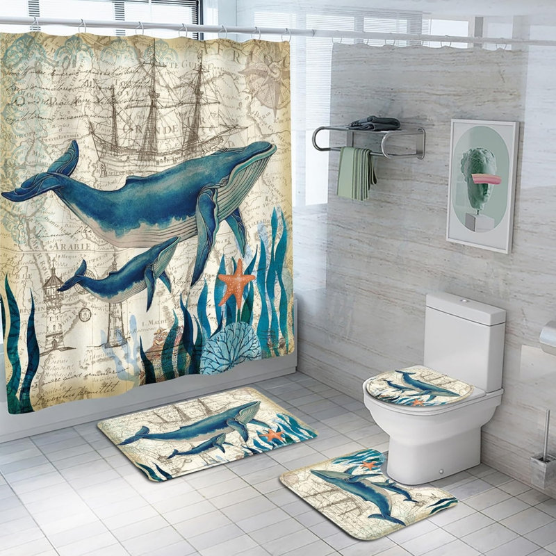 Ensemble de 4 ensembles de salle de bain rétro avec style baleine bleue, Blue/Light Yellow